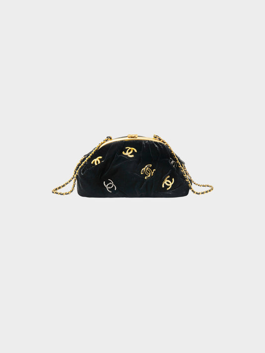 Chanel 2019 Black and Gold Velvet CC Chain Evening Bag