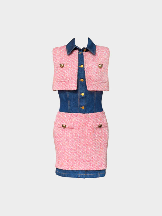 Moschino 2010s Couture Denim and Pink Tweed Button-down Paneled Fitted Dress