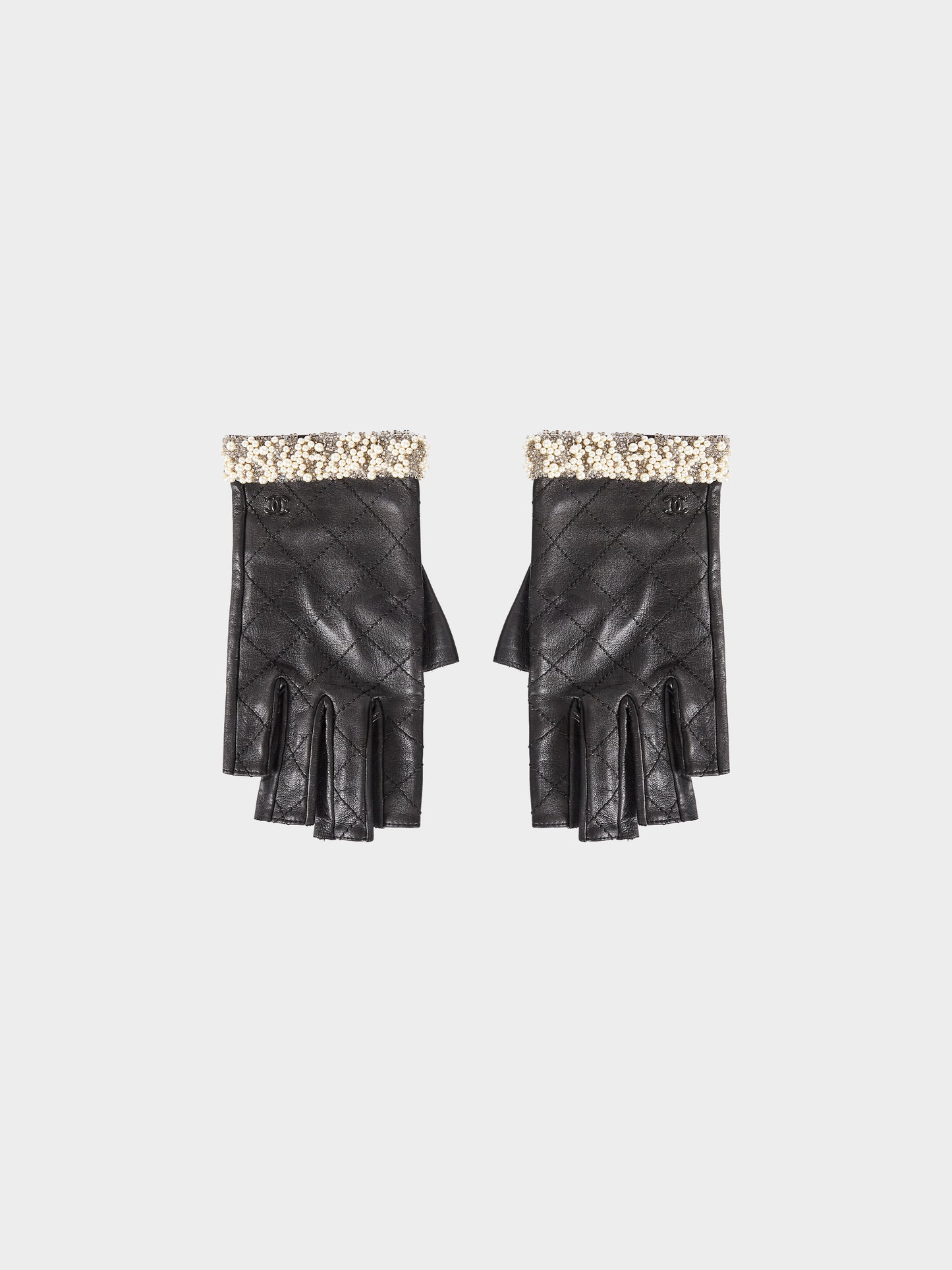 Chanel by Karl Lagerfeld 2014 Black Lambskin Quilted CC Fingerless Gloves with Pearl Embellishments
