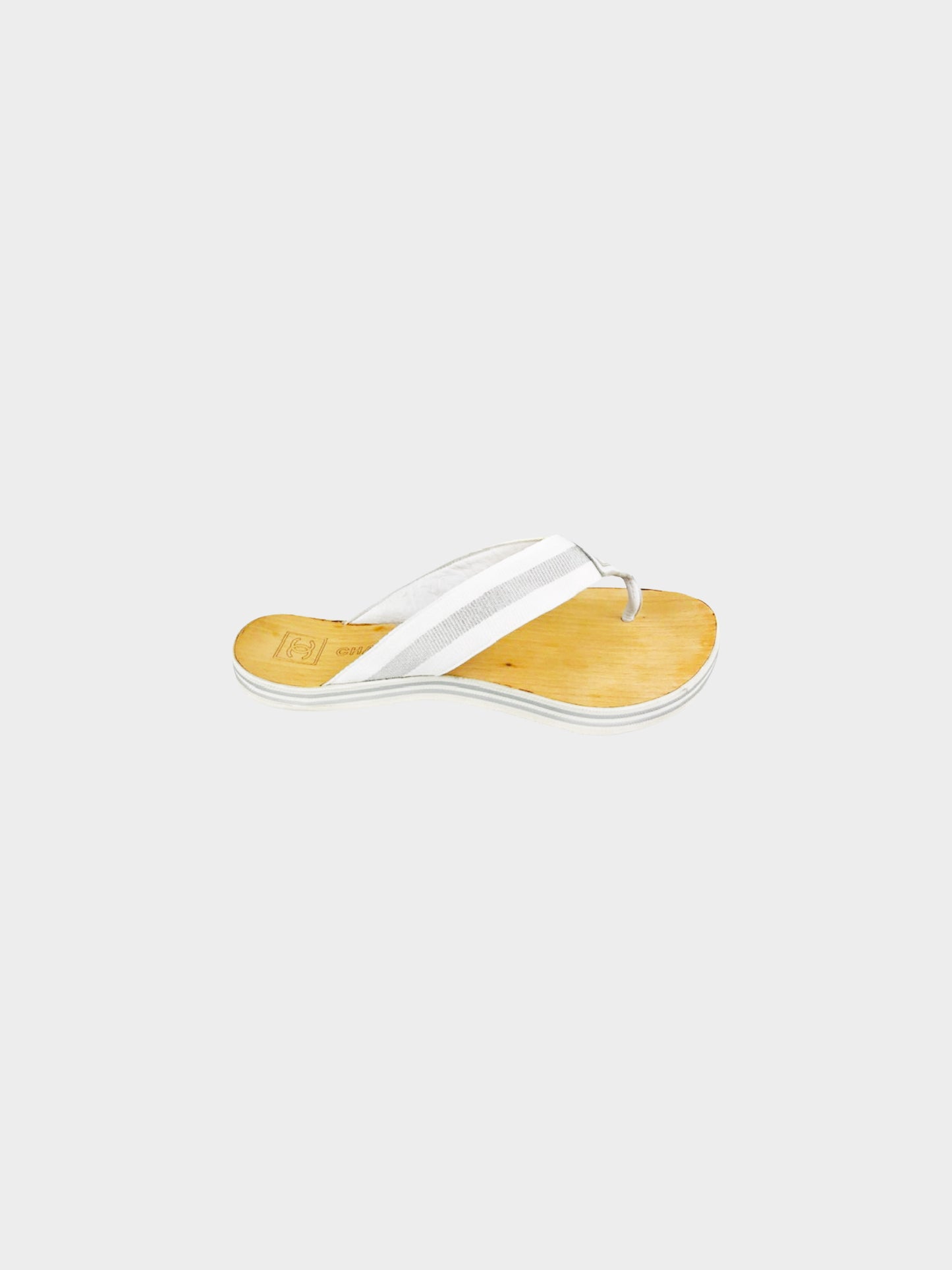 Chanel Sport Mid-2000s White Canvas and Leather Wooden Thong Sandals