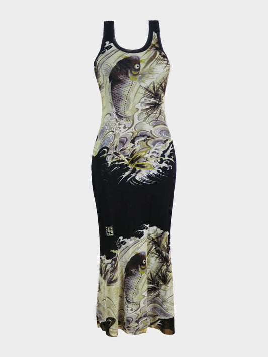 Jean Paul Gaultier Mid 1990s Koi Fish Printed Mesh Maxi Dress