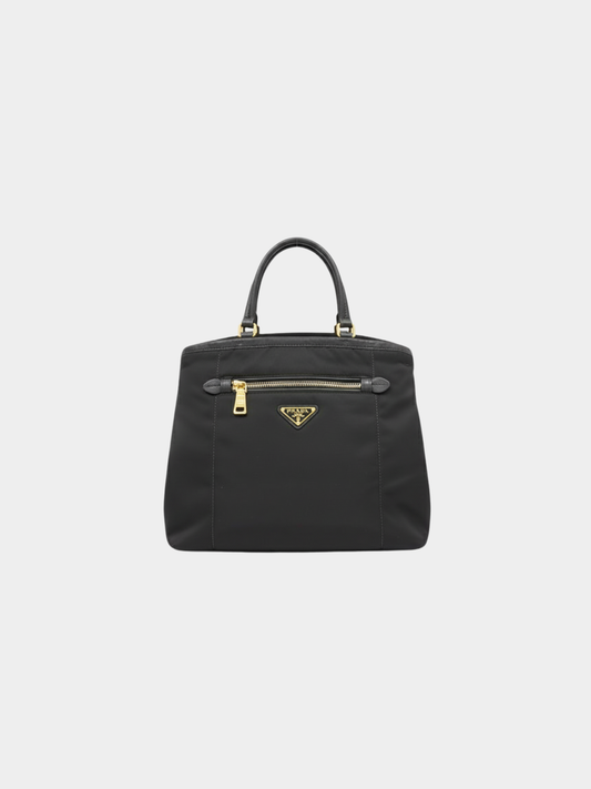 Prada 2000s Black Nylon Leather Triangle Logo Handbag