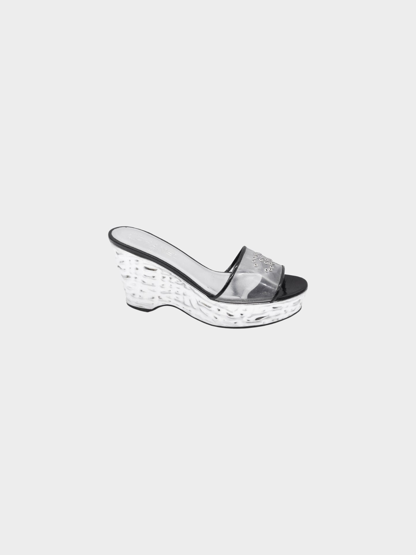 Chanel by Karl Lagerfeld Spring 2009 Black and Silver Hammered Silver Wedge Slide Sandals