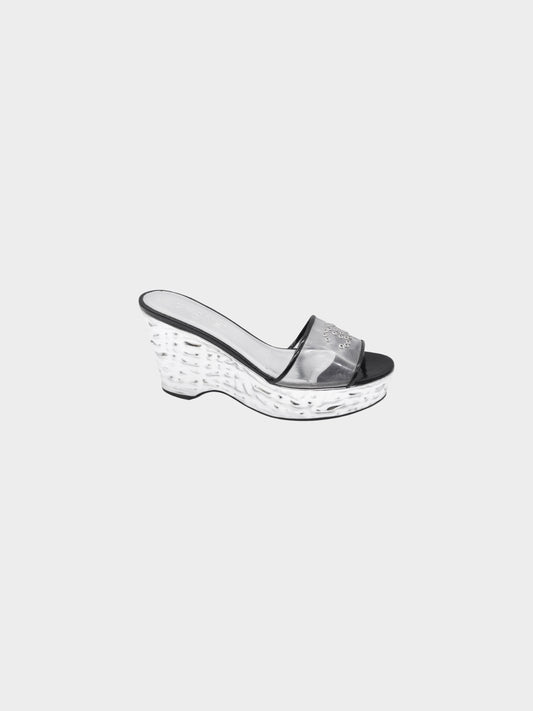 Chanel by Karl Lagerfeld Spring 2009 Black and Silver Hammered Silver Wedge Slide Sandals