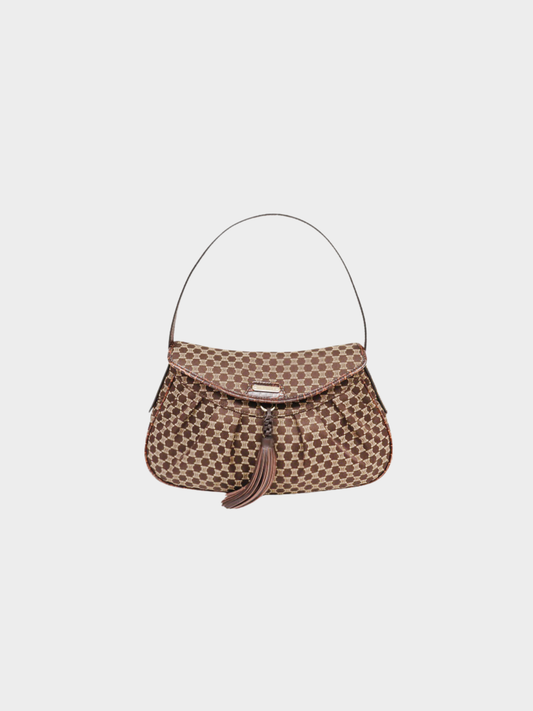 Celine 2000s Brown Macadam Canvas Leather Tassel Shoulder Bag