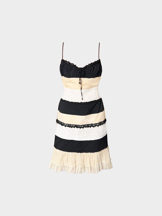 Moschino SS 2003 Black and Beige Lace and Stripe Midi Dress