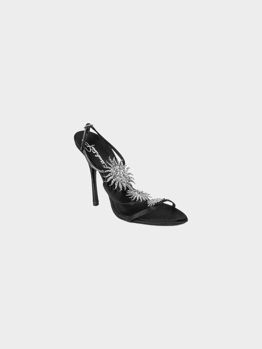 Roberto Cavalli 2000s Black Satin Sunburst Motif Heels