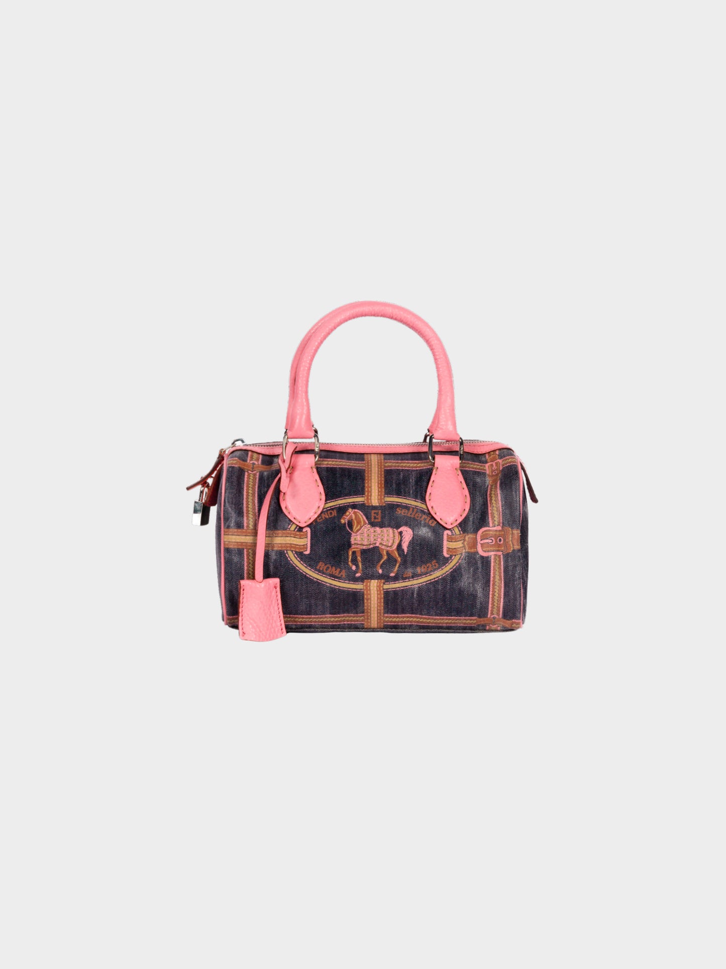 Fendi 2000s Pink Leather and Denim Equestrian Selleria Bauletto Boston Bag