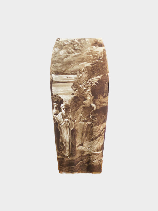 Jean Paul Gaultier SS 1998 Brown Bedouin and Dragon Printed Paréo Wrap-up Maxi Mesh Skirt