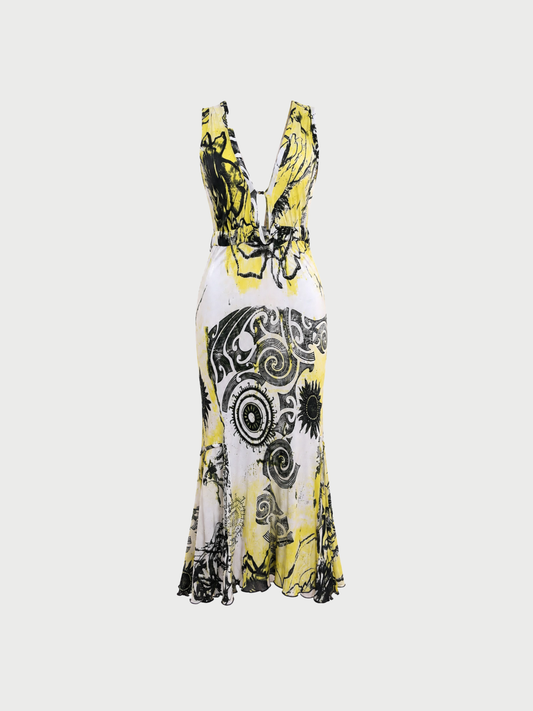 Roberto Cavalli Class 2000s White Yellow Printed Mesh Maxi Dress