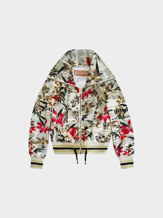 John Galliano 1990s Floral and Gazette Newspaper Print Jacket