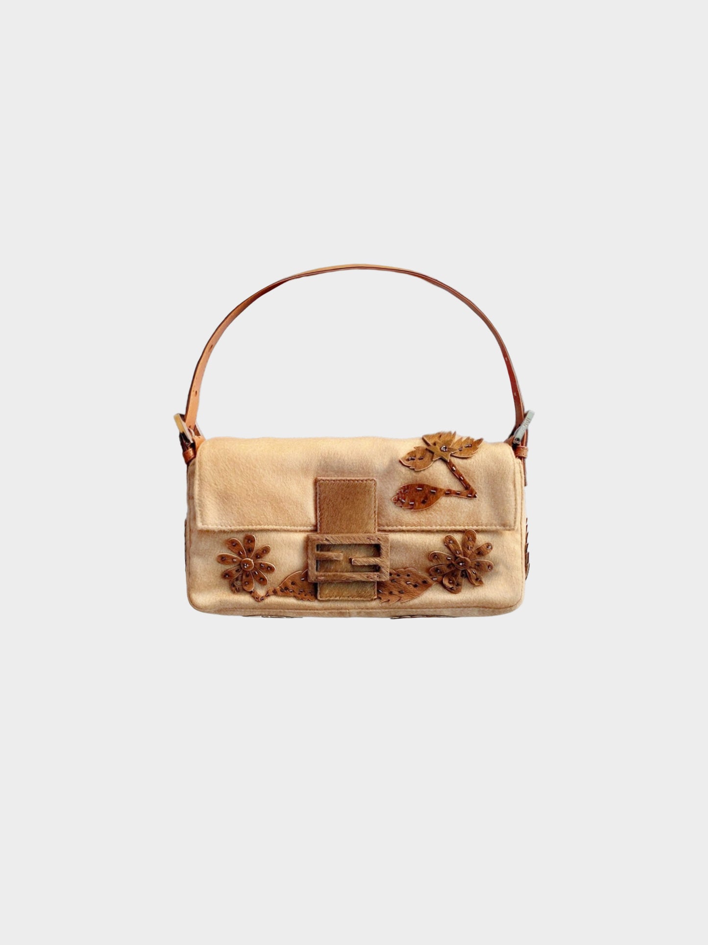 Fendi 2000s Brown Felt and Pony Hair Applique Baguette