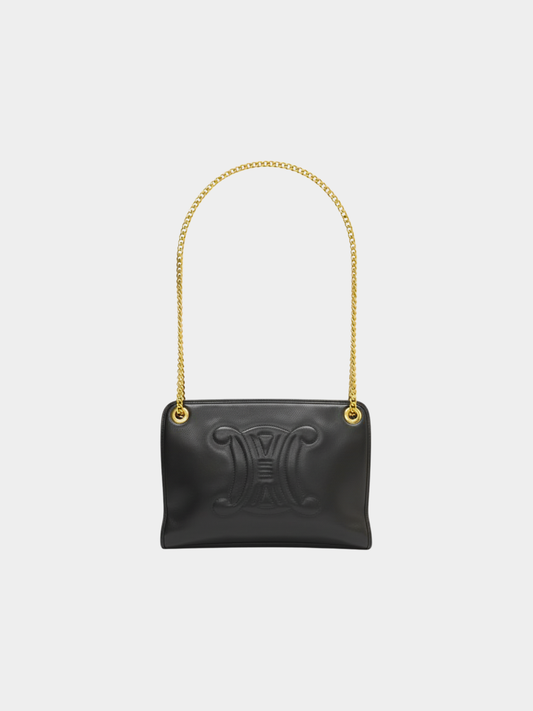 Celine 2000s Black Triomphe Stitch Leather Chain Shoulder Bag