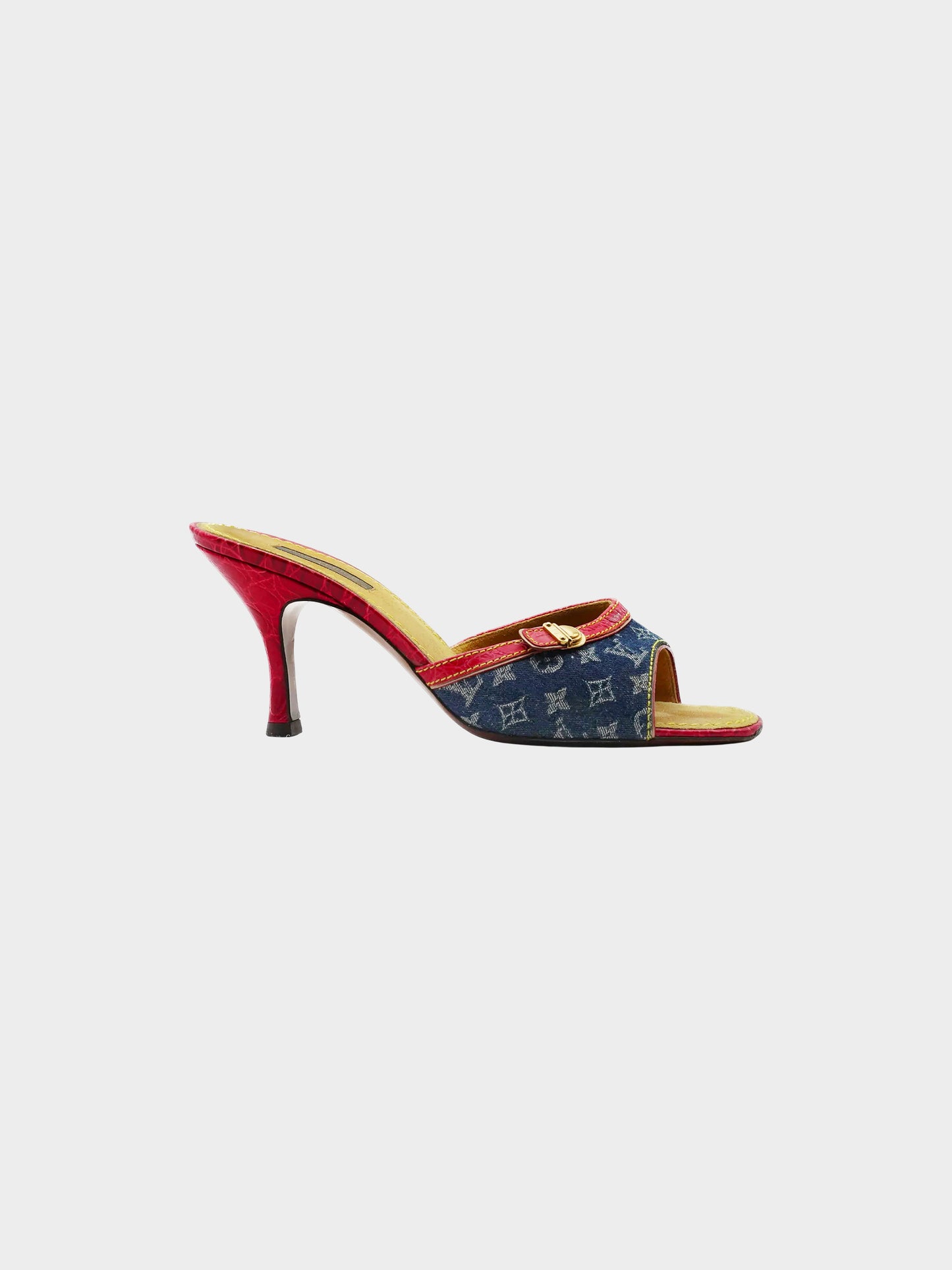 Louis Vuitton Resort 2005 Denim Monogram Heels with Red Alligator Trim