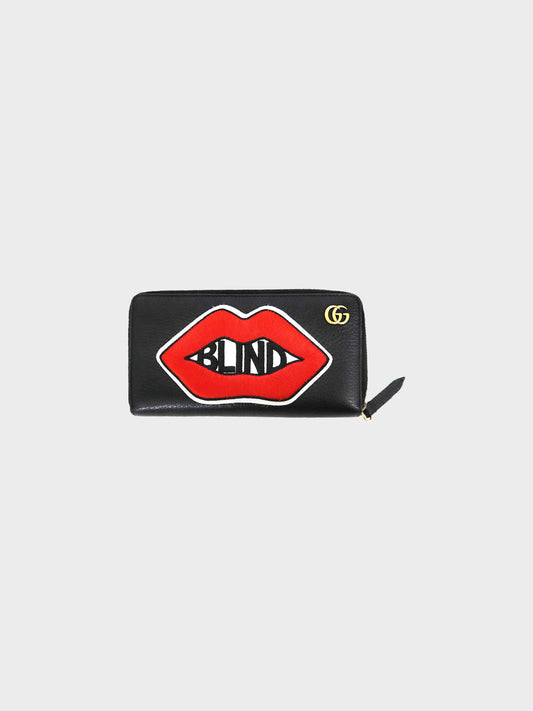 Gucci 2022 Black Leather GG Lips 'Blind for Love' Zip Wallet