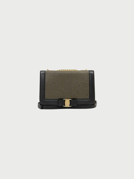 Salvatore Ferragamo 2000s Black Leather Vara Studded Chain Shoulder Bag