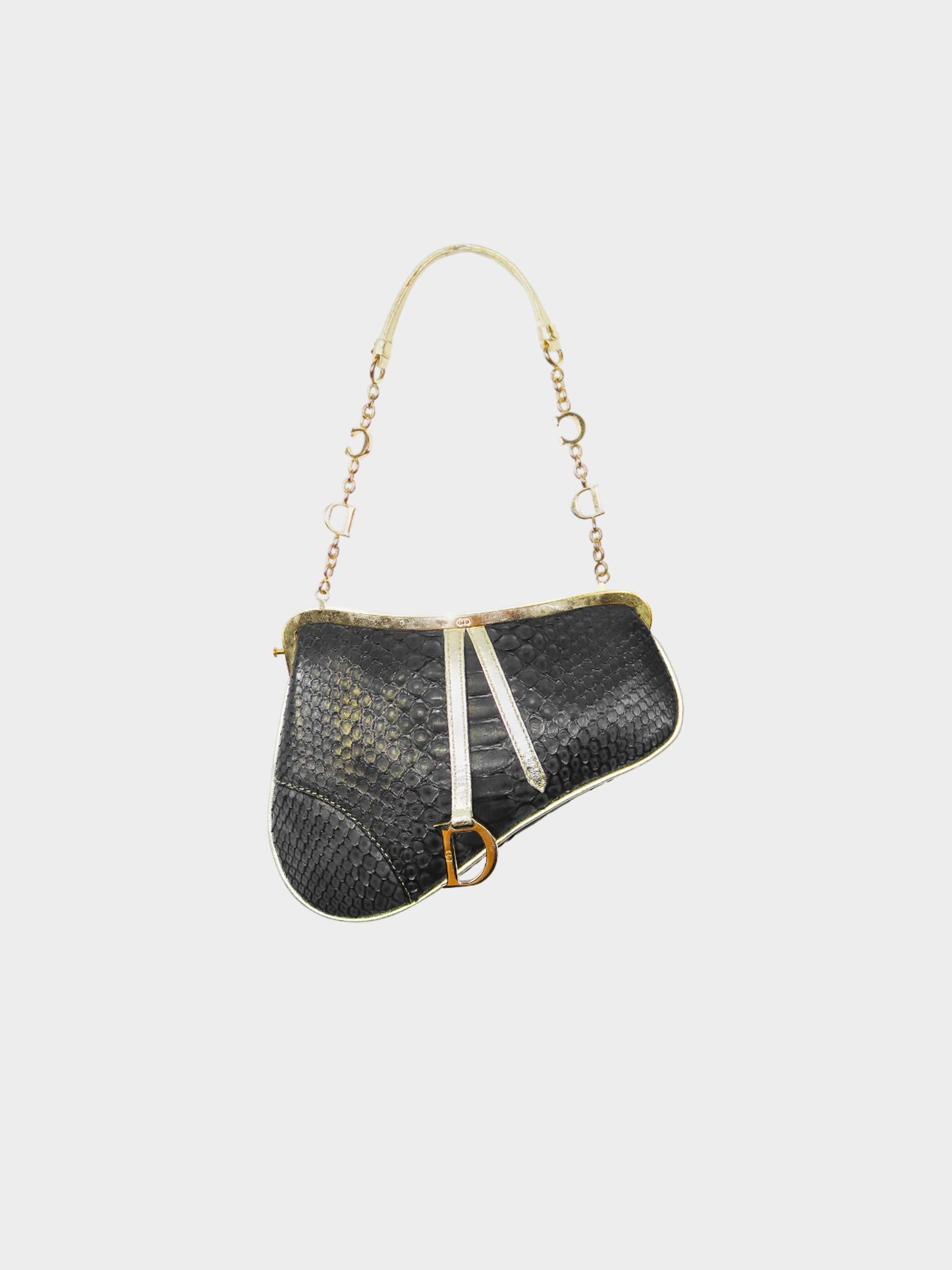 Christian Dior 2003 Black and Gold Python Leather Mini Saddle Bag