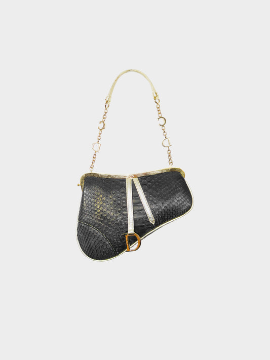Christian Dior 2003 Black and Gold Python Leather Mini Saddle Bag
