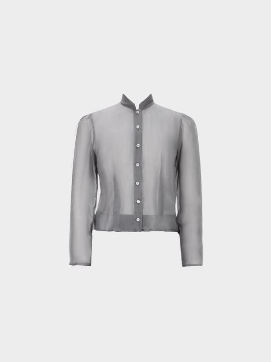 Prada 2010s Grey Chiffon High Collar Button-down Long Sleeve Blouse