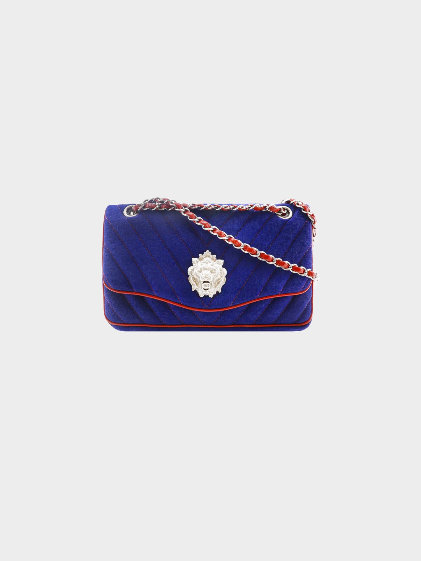 Chanel 2010 Navy Blue Cotton Chevron Stitch and Lion Turn lock Flap Bag