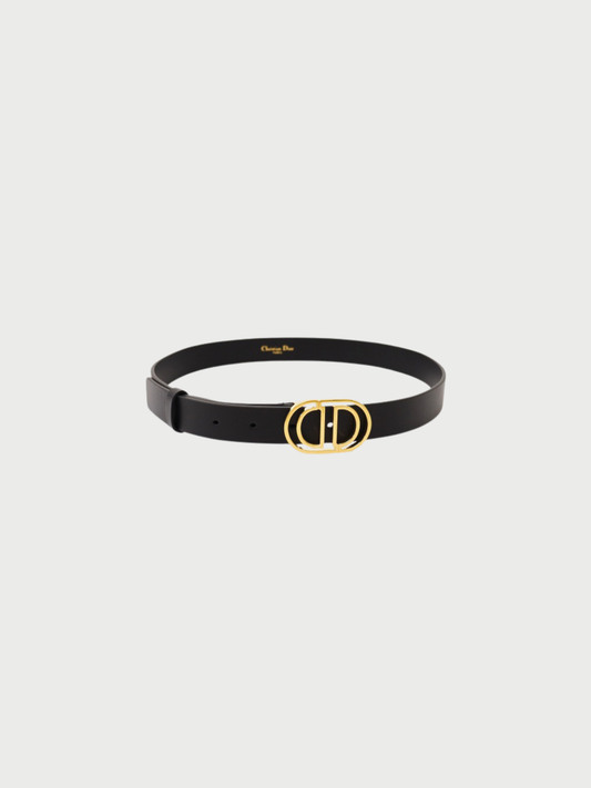 Christian Dior 2020s Gold Black Plated Metal Leather Logo Belt