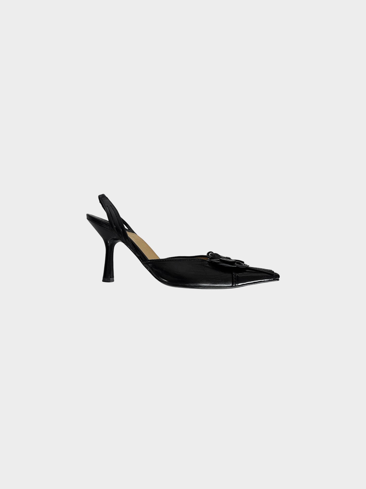 Chanel 2002 Black Camellia Leather Slingback Heels