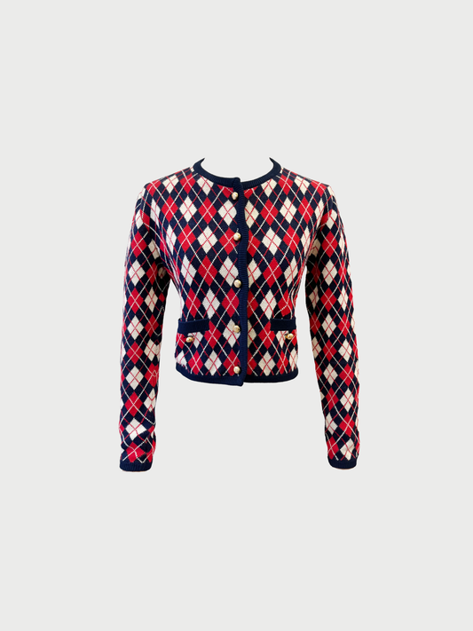 Prada 2020s Cream Navy Red Cotton Argyle Intarsia Cardigan
