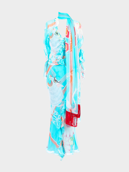 Christian Dior by John Galliano FW 2003-2004 Blue Silk Chiffon Oriental Print Ensemble