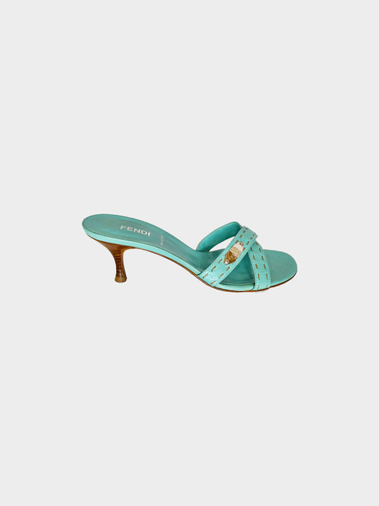 Fendi 2000s Turquoise Selleria Crossed Strap Kitten Heels