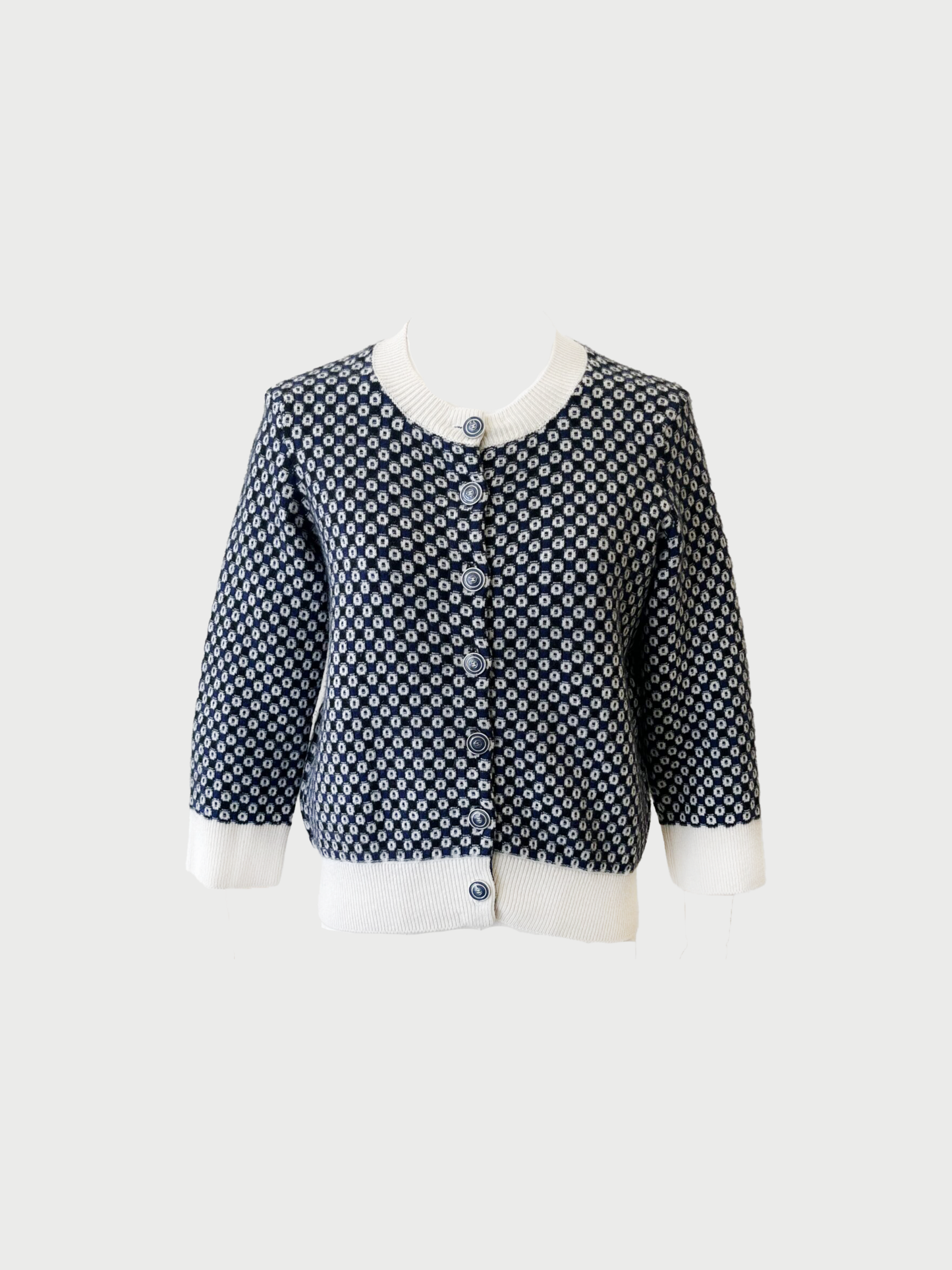 Chanel SS 2014 Black Blue White Cashmere Spotted Checkerboard Knit Cardigan