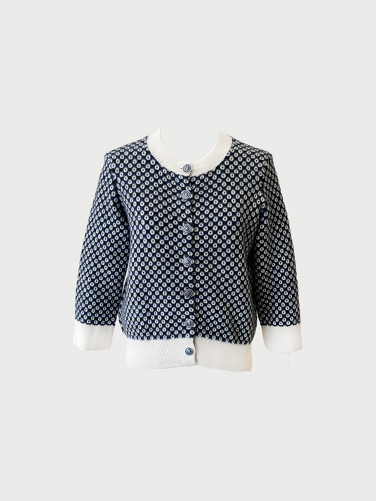 Chanel SS 2014 Black Blue White Cashmere Spotted Checkerboard Knit Cardigan