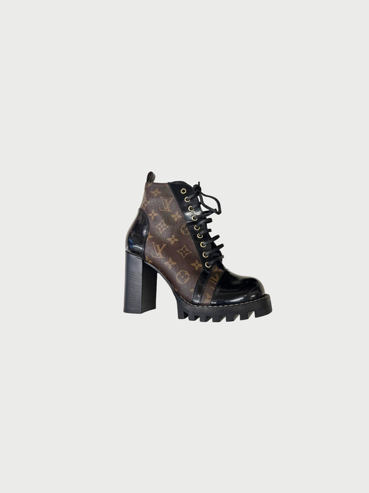 Louis Vuitton 2010s Brown Monogram Black Leather Star Trail Ankle Boots
