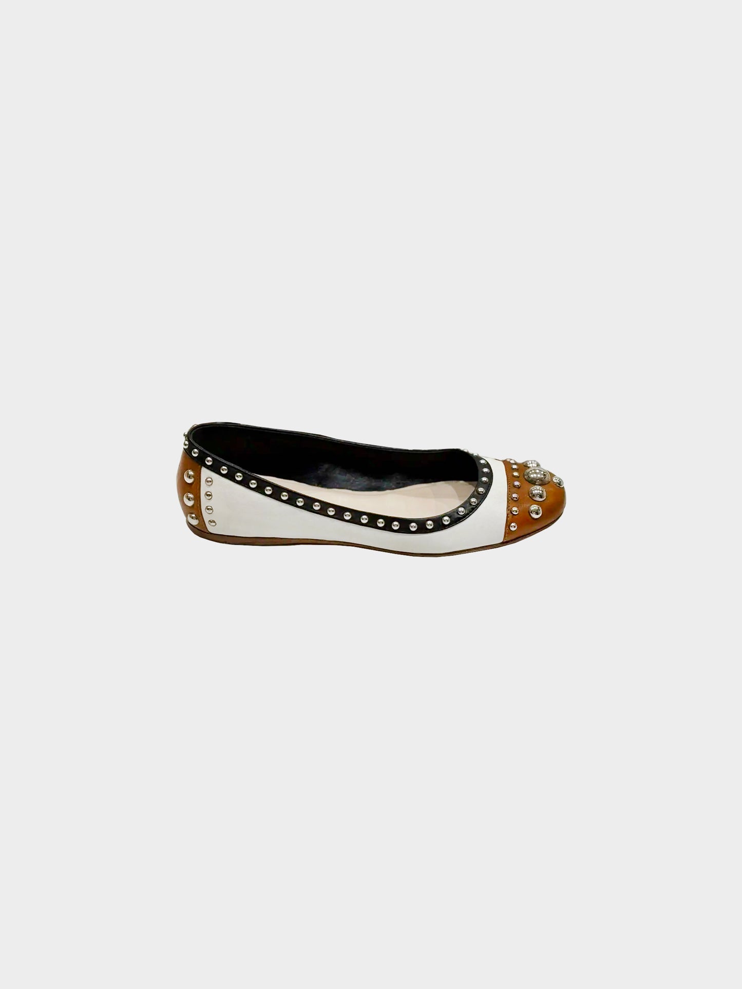 Prada 2013 Brown and White Leather Metal Studded Ballerina Flats