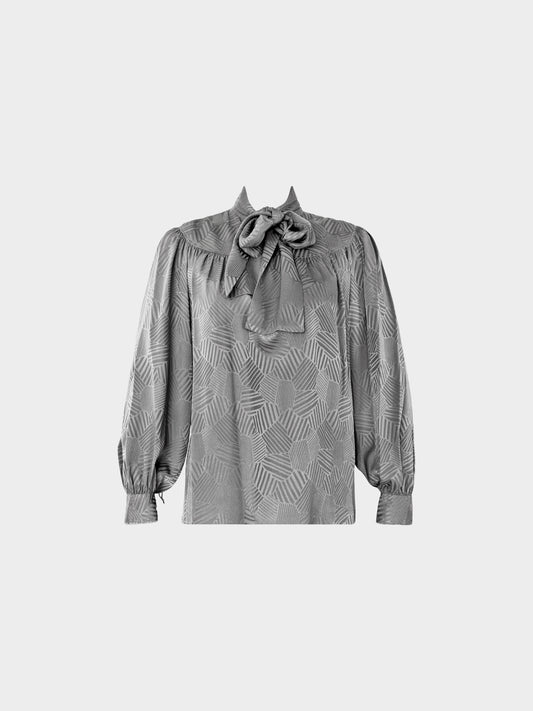 Yves Saint Laurent Rive Gauche 1990s Grey Silk Geometric Print Lavallière Blouse