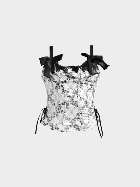 Chantal Thomass 2000s Black and White Floral Silk Corset