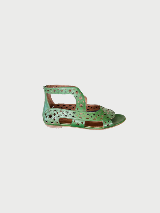 Alaïa 2010s Green Leather Laser Cut Sandals