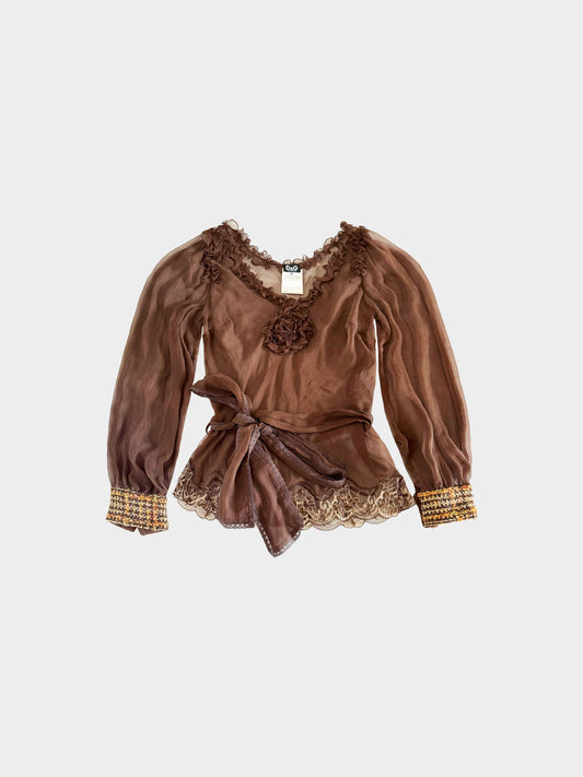 Dolce and Gabbana 2000s Brown Silk Ruffled Long Sleeve Blouse