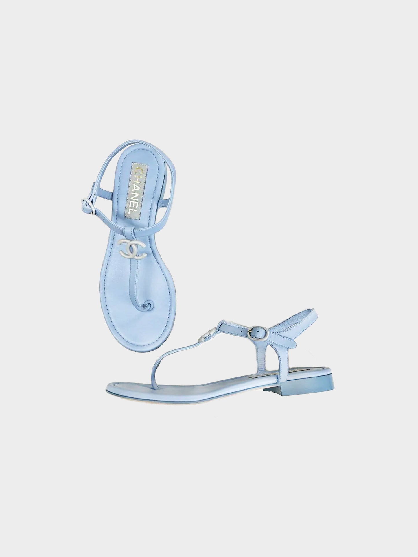 Chanel 2023 Light Blue Leather Thong Sandals