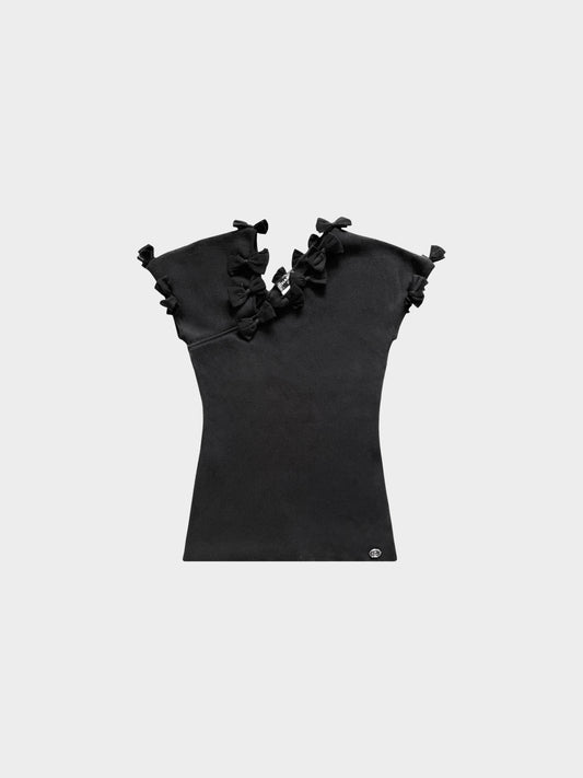 Chanel SS 2009 Black Ribbon Short Sleeve Knit Top