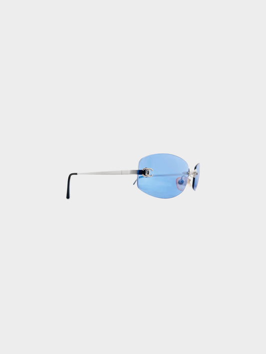 Chanel by Karl Lagerfeld 2000s Blue Tinted CC Logo Embellished Rimless Sunglasses