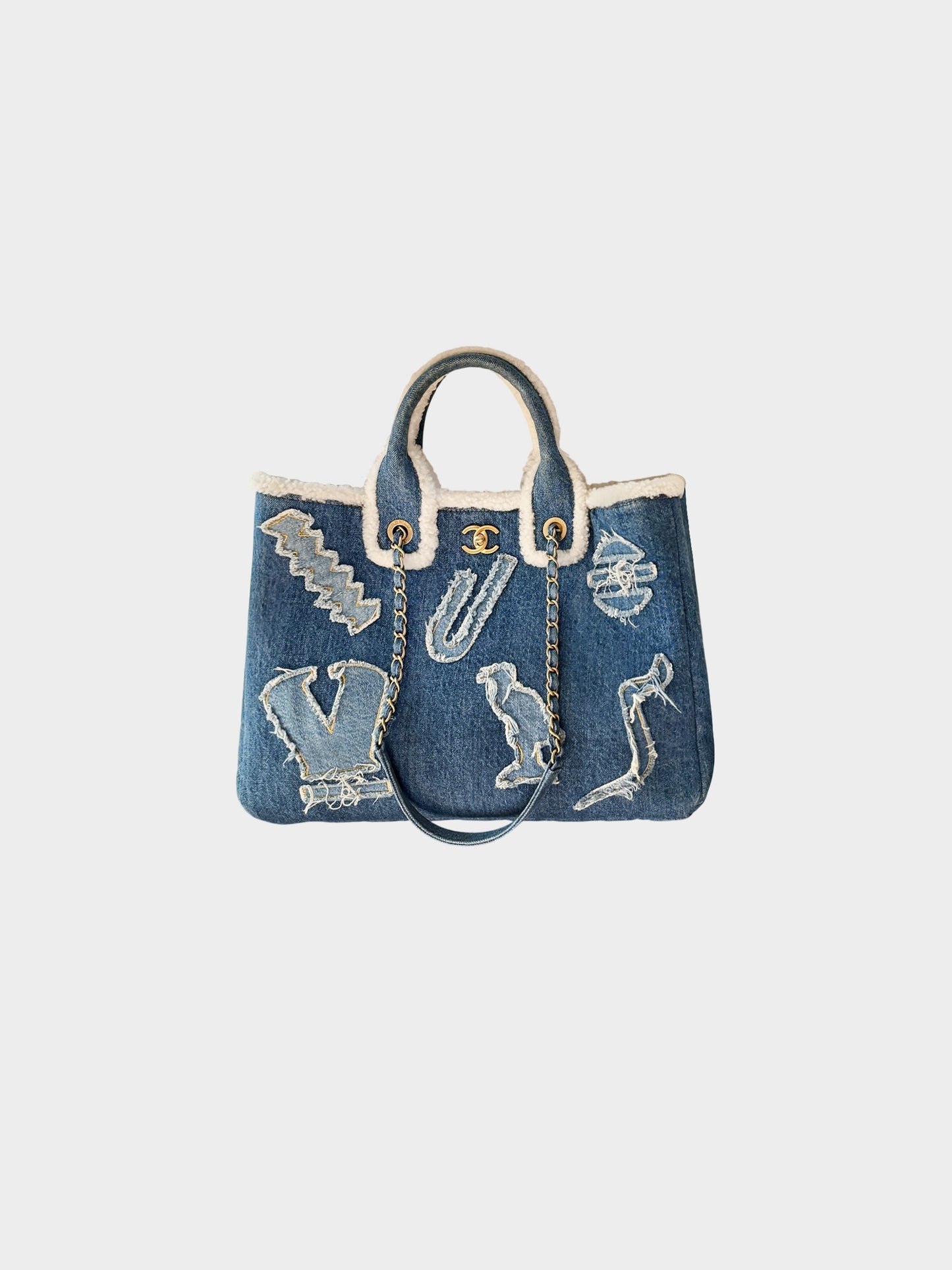 Chanel 2019 Denim Blue Paris-Egypt and Shearling Hieroglyph CC Tote Bag