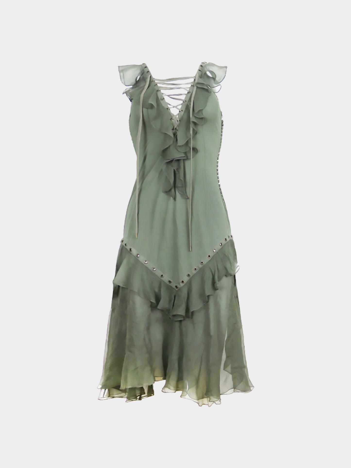 Christian Dior by John Galliano FW 2003 Green Silk Chiffon Ruffled Lace-Up Dress