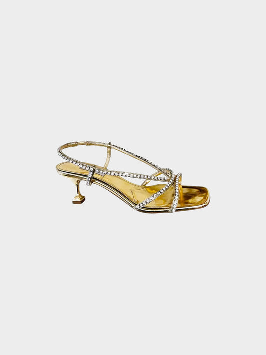 Miu Miu 2010s Gold and Crystals Strappy Patent Leather Heeled Sandals