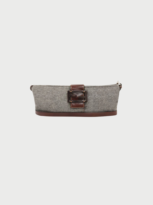 Fendi 2000s Green Brown Wool Logo Hardware Knit Shoulder Bag