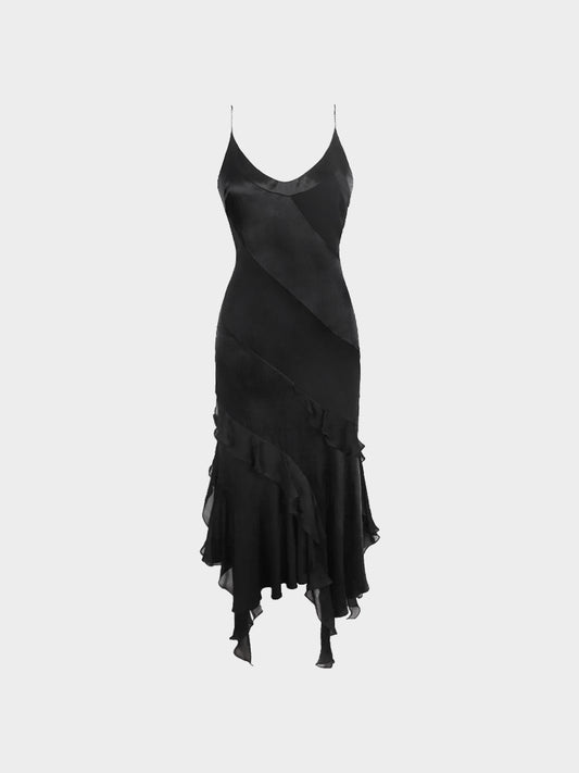 Roberto Cavalli 2000s Black Satin Silk Ruffled Dress