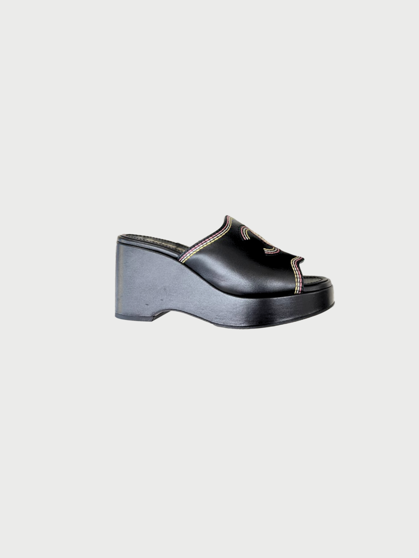 Chanel 2000s Black Leather CC Logo Wedge Sandals