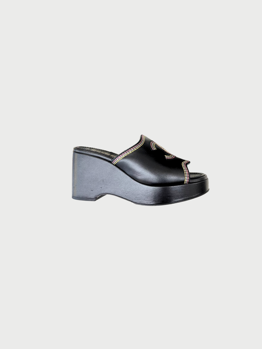 Chanel 2000s Black Leather CC Logo Wedge Sandals