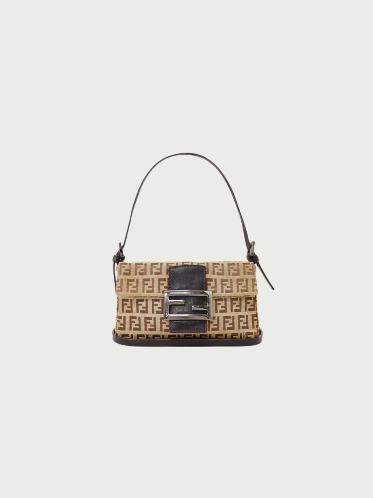 Fendi 2000s Beige Brown Zucchino Canvas Leather Mamma Baguette Bag