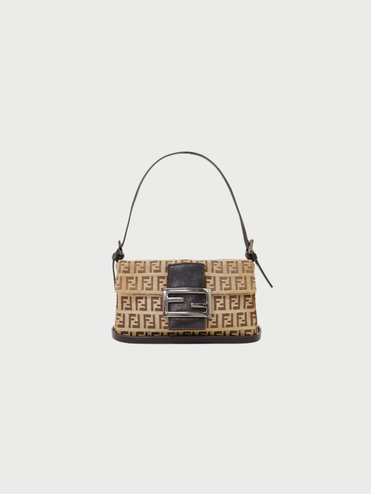 Fendi 2000s Beige Brown Zucchino Canvas Leather Mamma Baguette Bag