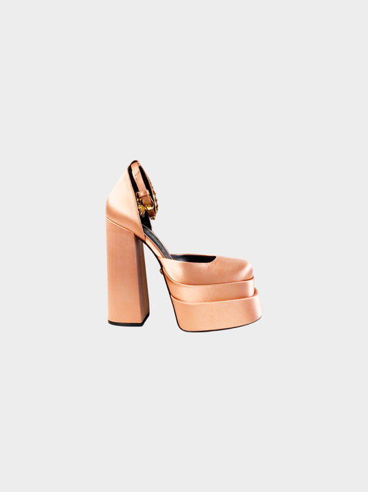 Versace FW 2021 Pink Satin Aevitas Mary Jane Platform Heels